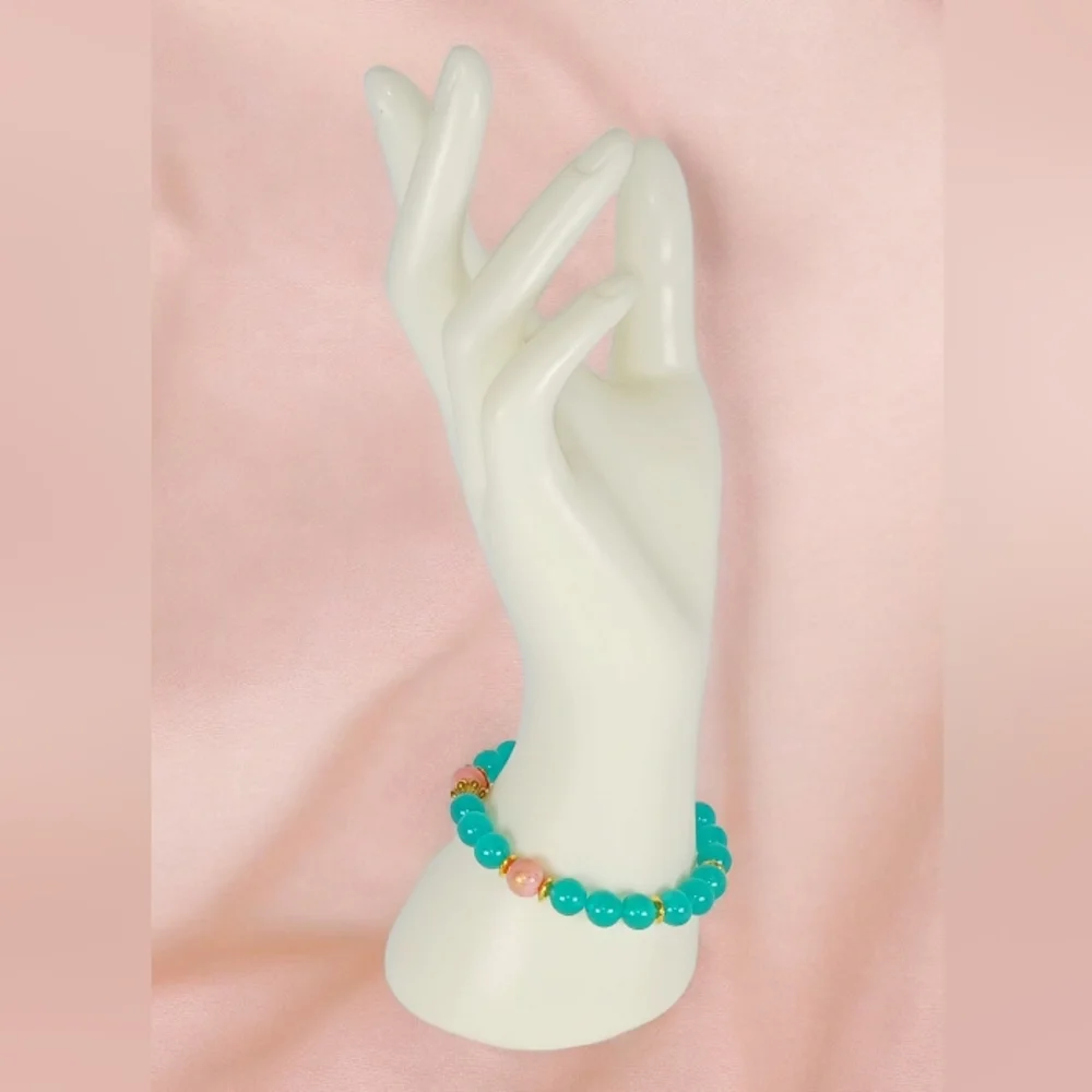 Teal Chrysoprase Peach Jade Stretch Bracelet Western Aztec Southwestern Beachy